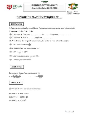 DEVOIR DE MATHS N°1 4ième (Notations Scientifiques) INSTITUT GIOVANNI BIFFI Octobre 2025 by TEHUA