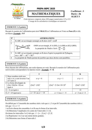 PREPA BEPC 2025  MATHS FICHE 5 BY TEHUA