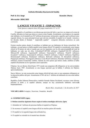 DEVOIR D'ESPAGNOL N°1 niveau Tle A by TEHUA