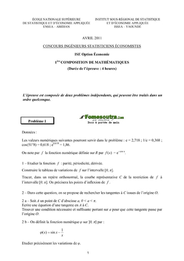 Sujet 1ère épreuve de maths ISE option économie 2011 (ENSEA - ISSEA)