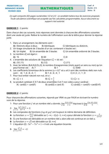 MATHS PROBATOIRE 1ere D SUJET 2 FEVRIER 2024 COLLEGE MONAJOCE by DJAHASHIKAN