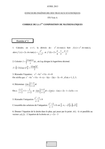 Corrigé 1ère épreuve de maths ITS A 2013 (ENSAE - ISSEA)