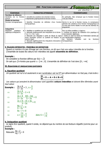 Fonction Homographique Maths 2nd F2