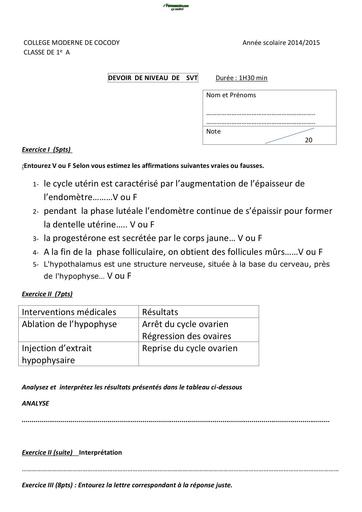 SUJET 1ière A DEVOIR DE NIVEAU 1ère A SVT COLLEGE MODERNE DE COCODY BY TEHUA