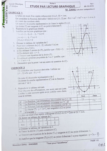 Sujets de Maths Etude par lecture graphique niveau Terminale A1 - Lycée classique d'Abidjan