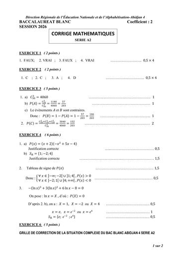 Bac blanc 2026 Maths série A2 barème Drena Abidjan 4 By Tehua