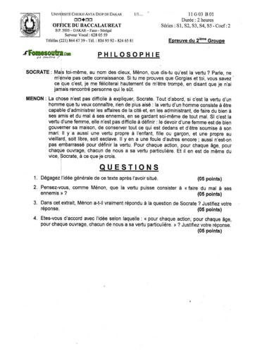 Sujet de philosophie BAC S1-S2-S3-S4-S5 2011 Sénégal