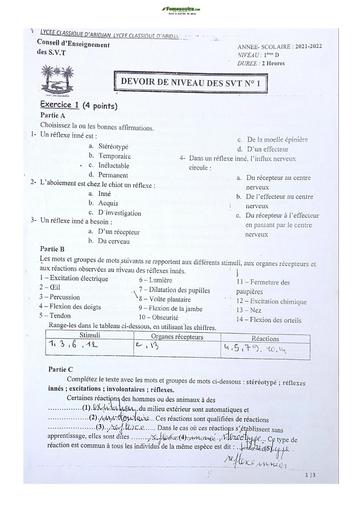 Sujet de SVT Terminale D Lycée Classique Abidjan 2021-2022