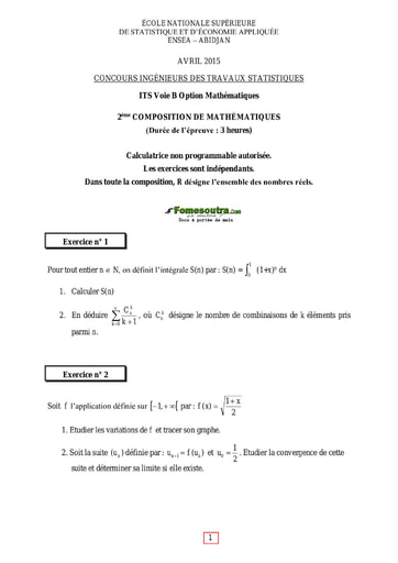 Sujet et Corrigé 2ème épreuve de maths ITS B option Maths 2015 (ENSEA)
