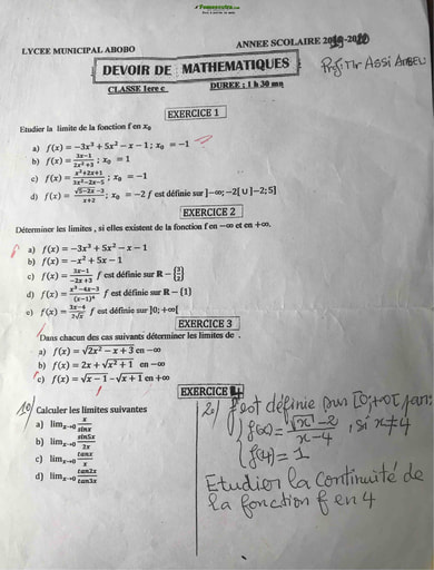 Devoir de Mathématiques niveau 1ereC - Lycée Municipal Abobo - Année scolaire 2019-2020