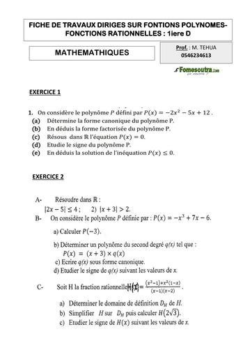 FICHE DE TRAVAUX DIRIGES SUR FONTIONS POLYNOMES FONCTIONS RATIONNELLES 1iere D by TEHUA