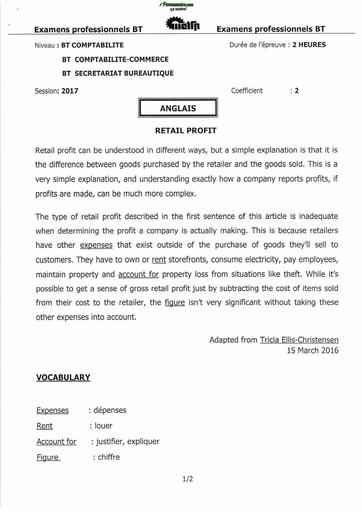 SUJET D'ANGLAIS 2017 BT COMPTA COMPTA COMMERCEnRETAIL PROFIT by TEHUA