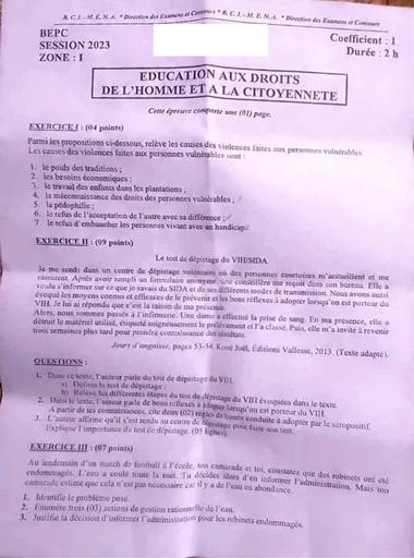 SUJET BEPC 2023 EDUCATION AUX DROITS DE L'HOMME ET A LA CITOYENNETE Zone 1 COTE D'IVOIRE by Tehua