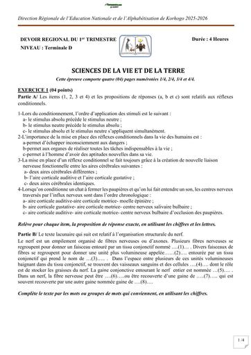 DEVOIR SVT NIVEAU Tle D KORHOGO 2026 BY TEHUA