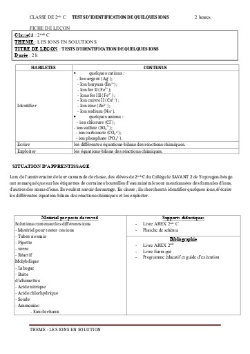FCICHE DE COURS PC 2nde CL 9  TESTS D IDENTIFICATIOB DES IONS by TEHUA