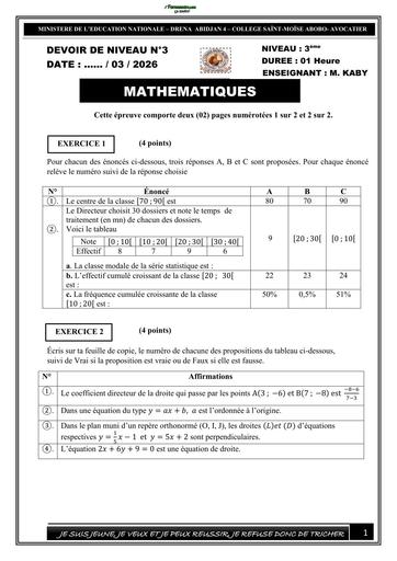 DEVOIR DE MATHS NIVEAU 3ième N°2 (3è Trimestre 2025 2026) by TEHUA
