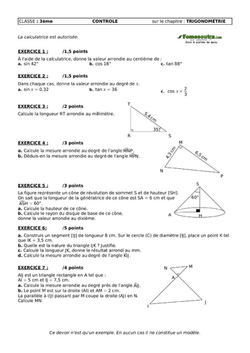 Devoir de Trigonométrie - maths niveau 3eme