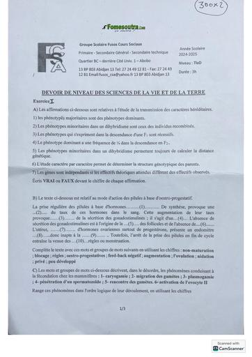 Devoir SVT cours sociaux Tle D 2025 BY TEHUA