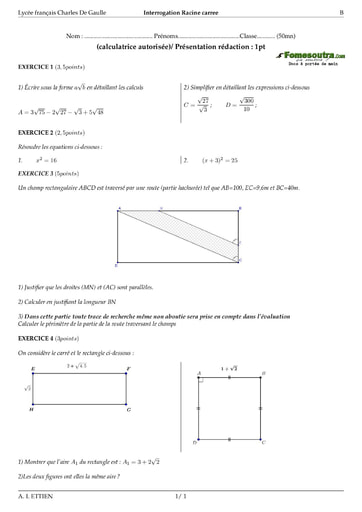 Interrogation (1) Racine carrée -  maths 3eme