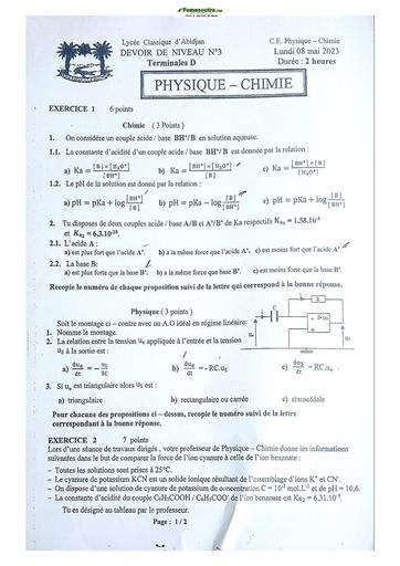 Sujet Prépas BAC Physique-Chimie TD Lycée Classique Abidjan 2022-2023