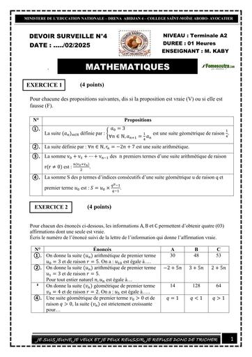 DEVOIR DE MATHS Tle A2 TRIMESTRE 2 SUITE NUMERIQUE KABY 2025 BY TEHUA