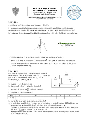 Devoir (7) de Physique-chimie 1ère C EMPT Bingerville