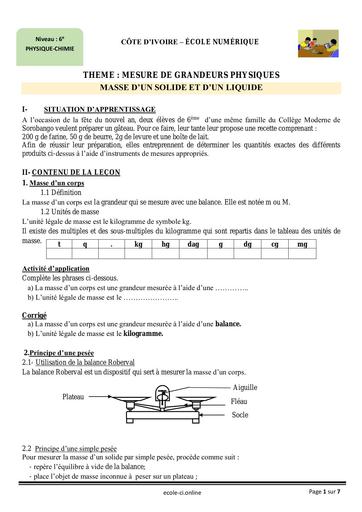 PC 6ème L13 Masse dun solide et dun liquide