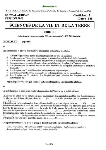 BAC 2025 Côte d'Ivoire SUJET+ BAREME SVT SERIE C BY TEHUA