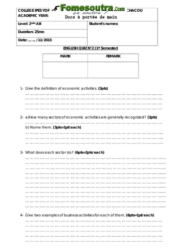 Devoir d'Anglais niveau 2nde AB Collège IPES Yopougon