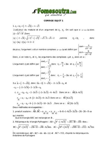 Corrigé TP 1 nombres complexes et transformation du plan maths niveau Terminale D