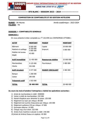 COMPOSITION DE COMPTABILITE ET DE GESTION HOTELIERE - SUJET CGH BTS TH By Ludov Ta'n