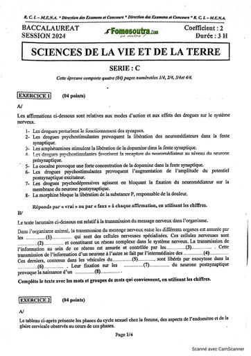 Sujet et corrigé BAC 2024 SVT SERIE C BY TEHUA