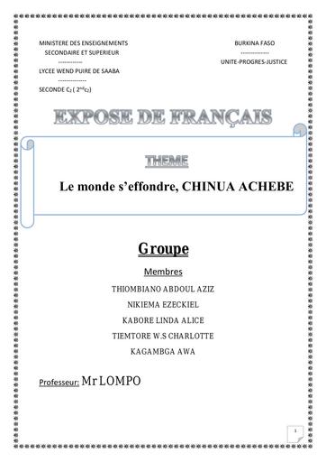 Exposé le monde s'effondre de Chinua Achebe by Tehua