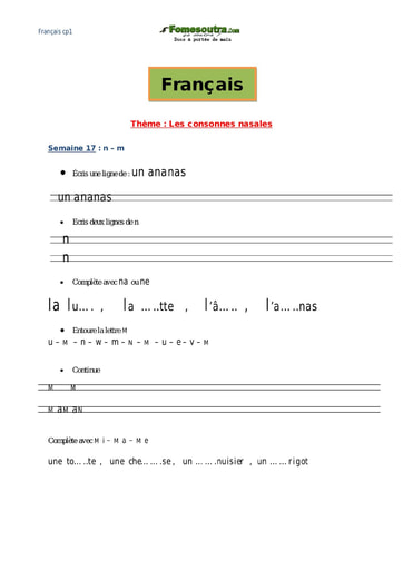 Les consonnes nasales - Cours Français CP1