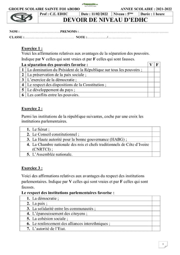 Sujet de EDHC Niveau 5ème Collège Sainte Foi Abidjan 21-22