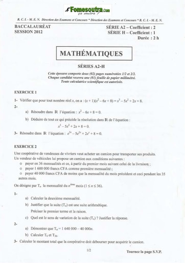 Sujet de Maths BAC A2 et H 2010