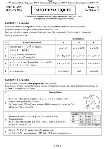 BEPC BLANC MARS 2026 MATHS SUJET DRENA BY TEHUA