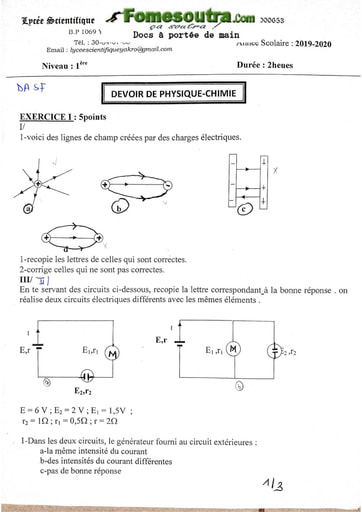 Collection de Devoirs de Physique-Chimie niveau Première C - Lycée Scientifique de Yamoussoukro