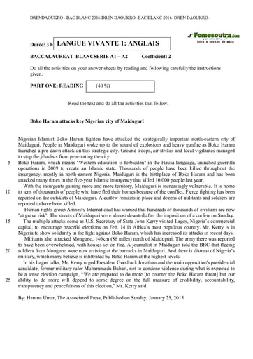 Sujet corrigé LV1 Anglais BAC blanc 2016 série A1 et A2 - DREN Daoukro