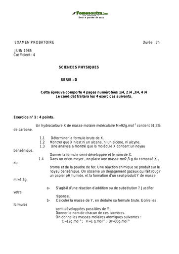 Sujet de Physique-Chimie 1 ère D examen Probatoire 1985