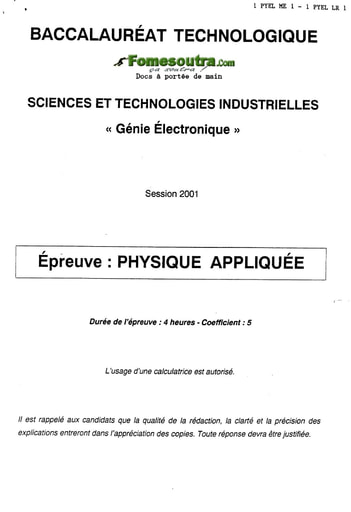 Sujet de Physique Appliquée - BAC Génie Électronique 2001