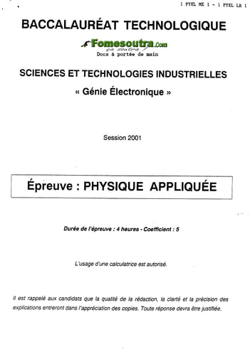 Sujet de Physique Appliquée - BAC Génie Électronique 2001