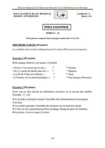Philosophie BAC blanc serie C&D sujet+corrigé Korhogo by Tehua