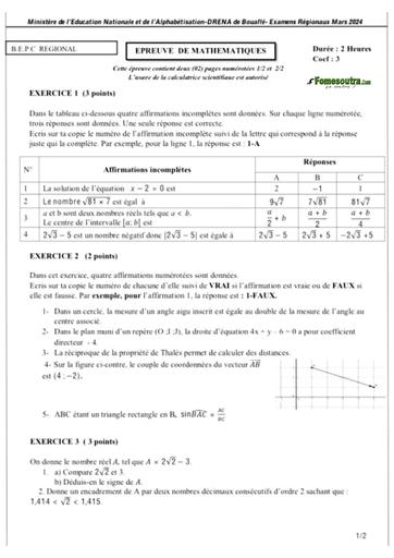 Bepc blanc 2024 Maths Sujet+barème dren Bouaflé by Tehua