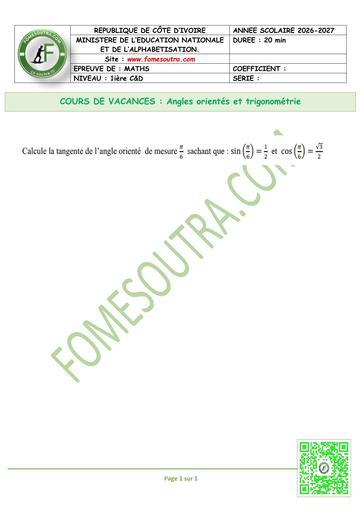 FICHE 4 MATHS 1ière C&D Angles orientés et trigonométrie by TEHUA