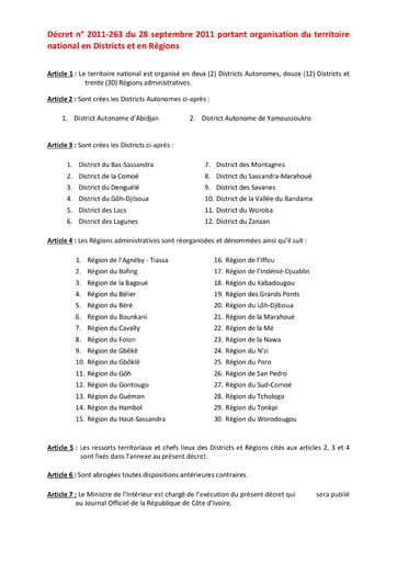 Décret n° 2011-263 du 28 septembre 2011 portant organisation du territoire national en Districts et en Régions