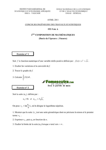 Sujet 2ème épreuve de maths ITS A 2011 (ENSAE - ISSEA)