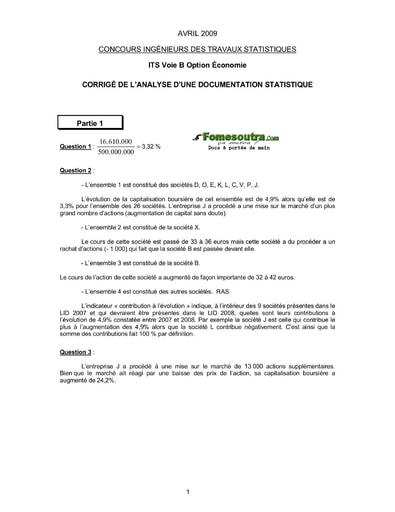 Corrigé Analyse d'une Documentation Statistique ITS B option Economie 2009 (ENSEA)