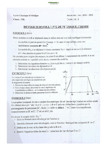 Sujet TD Physique-Chimie Lycée Classique Abidjan 2021-2022