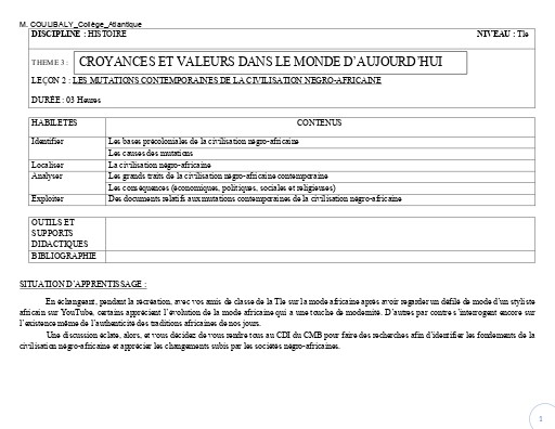 TH3 H2 TLE LES MUTATIONS CONTEMPORAINES DE LA CIVILISATION NEGRO AFRICAINE